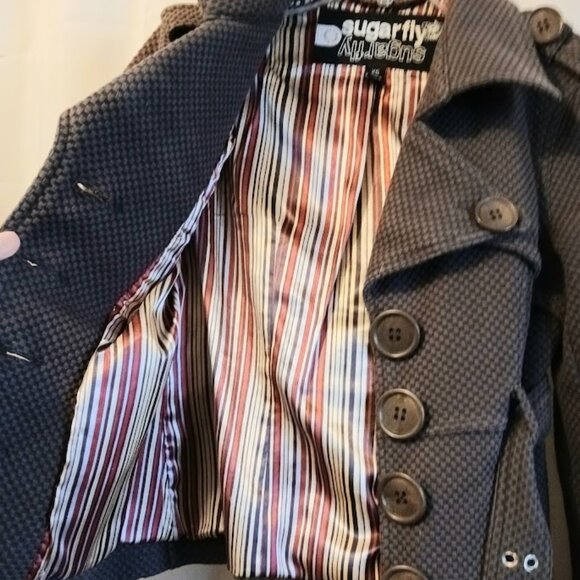 SUGAR FLY Peacoat womens XS Brown softshell woven Seersucker look Sexy Coat! - Picture 6 of 13